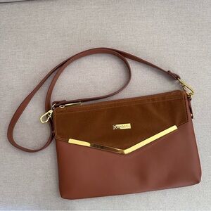 Joy & Iman Brown Leather & Suede Convertible Clutch / Crossbody Bag Gold Accents